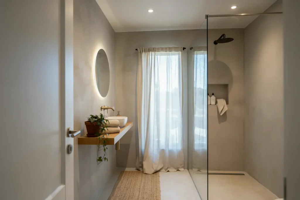 badrumsrenovering med mikrocement ny duschv gg och takspotlights i biskopsg rden hisingen
